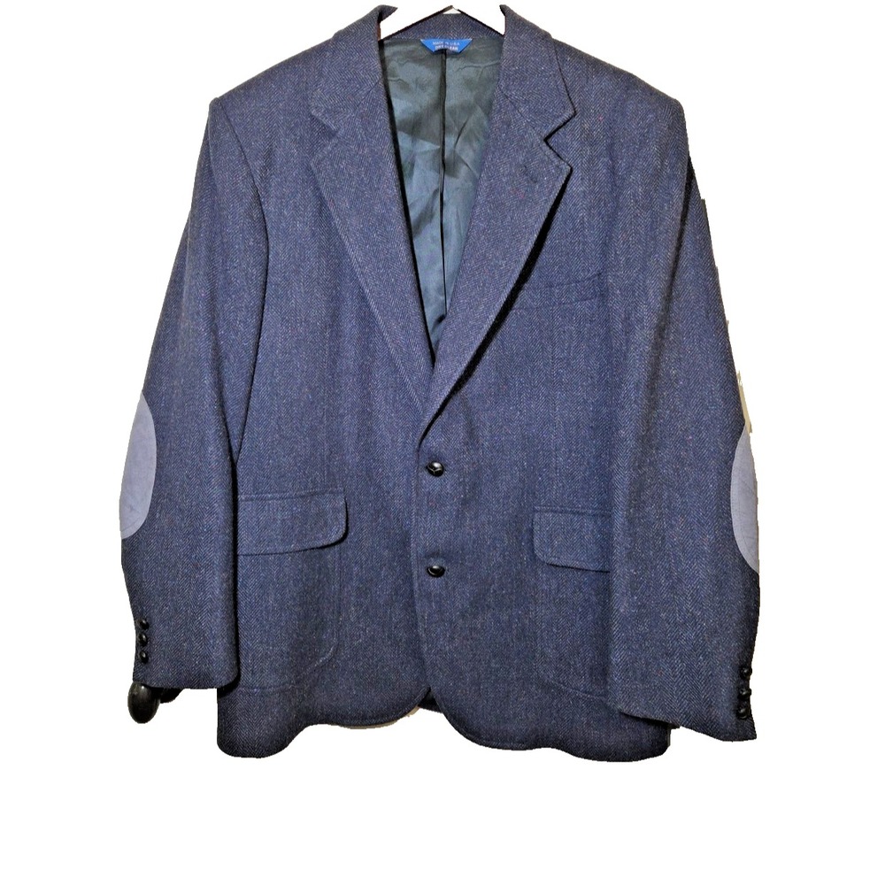 Vtg 1980 Pendleton 44L Sports Coat Blue Wool Tweed Shooting Jacket Elbow Patches